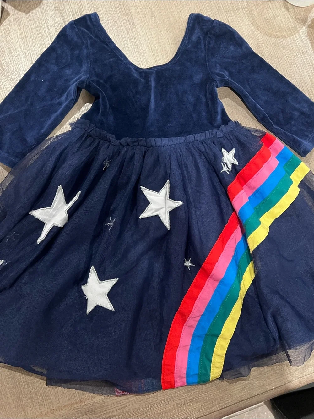 Mini Boden Navy Velvet Star Dress with Rainbow Tulle Sash